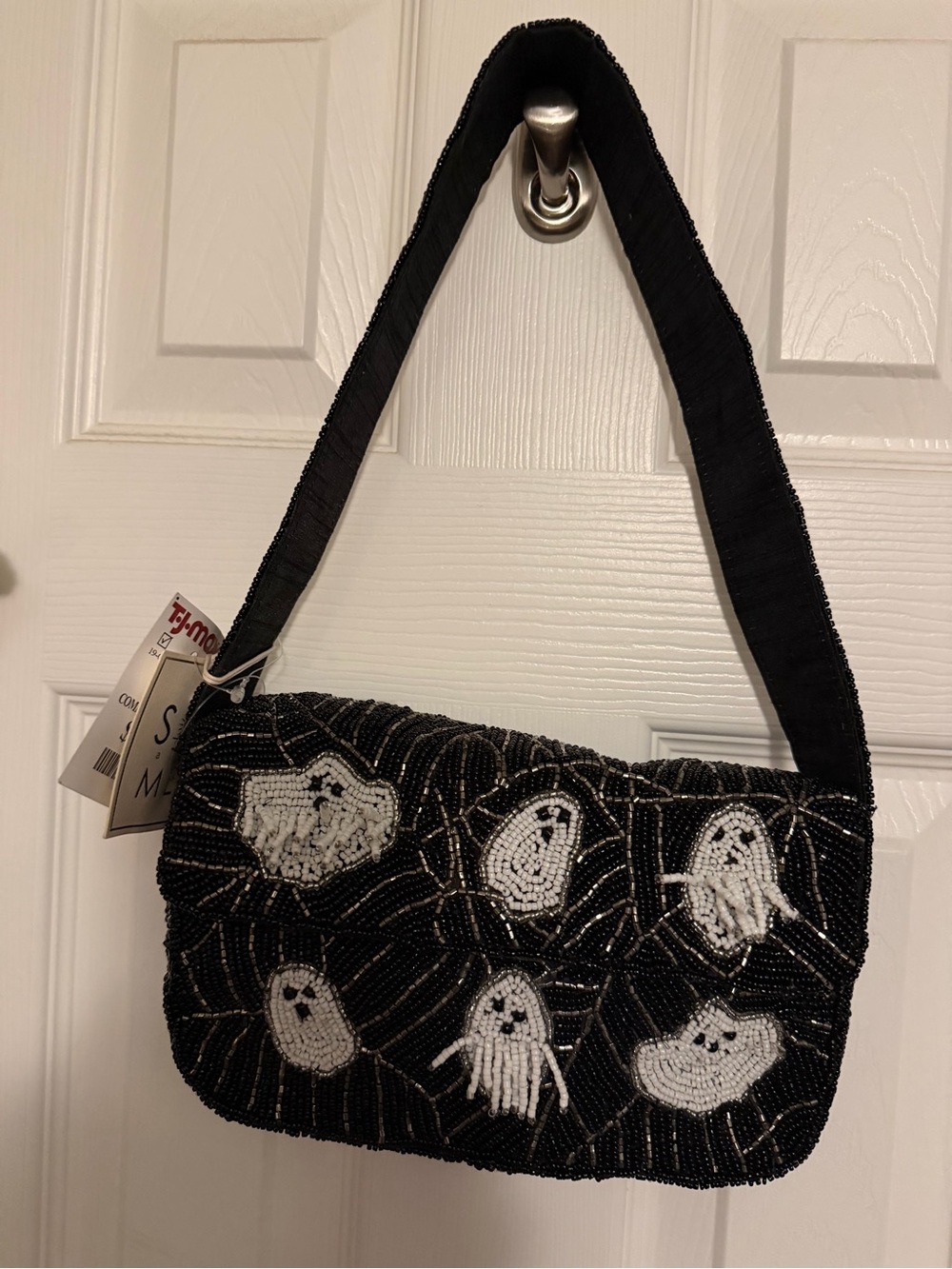 Black Beaded Ghost Accent Shoulder Bag